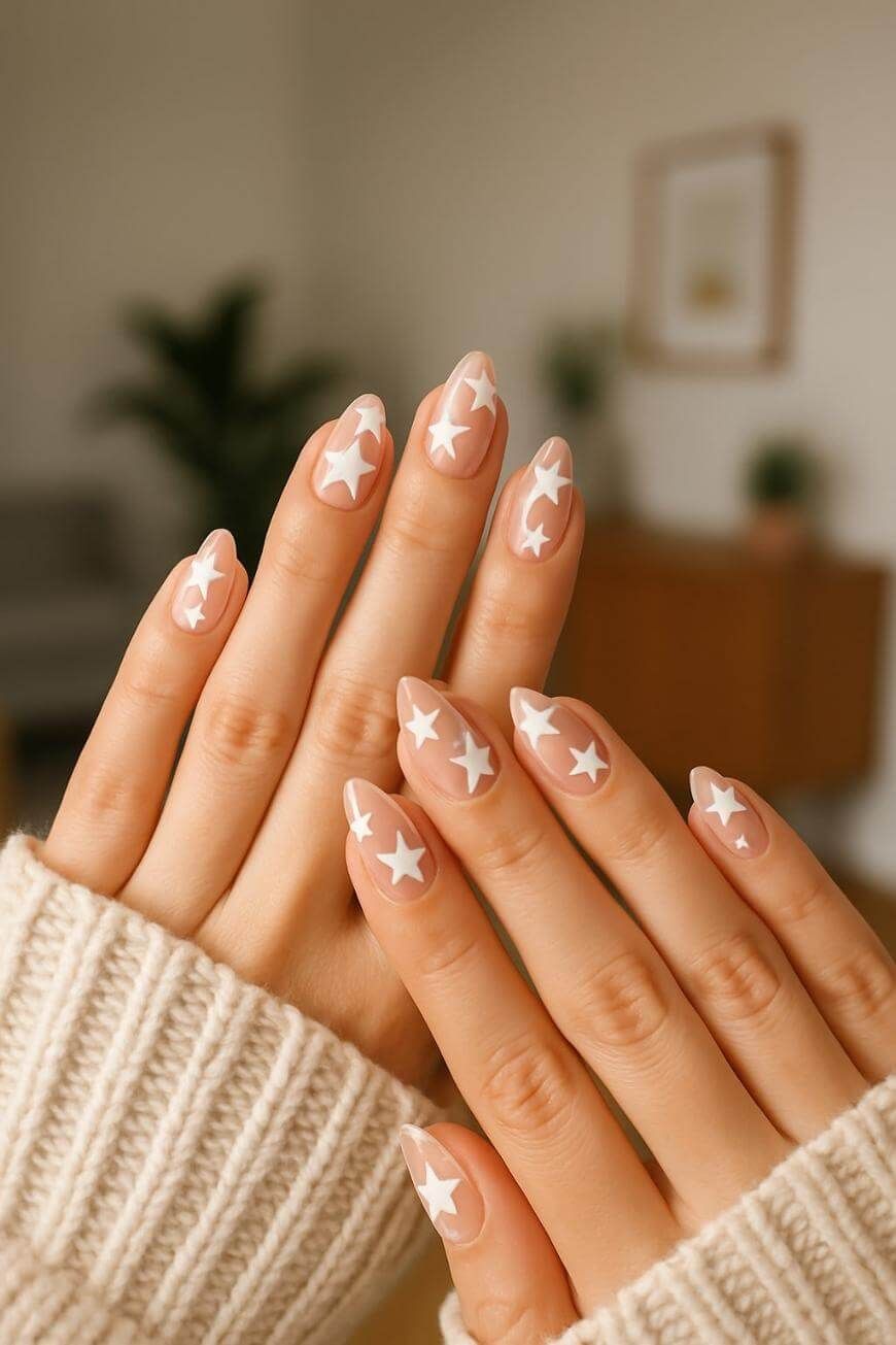 Simple Nude with White Star Stickers — Moon and Stars Nails 2027