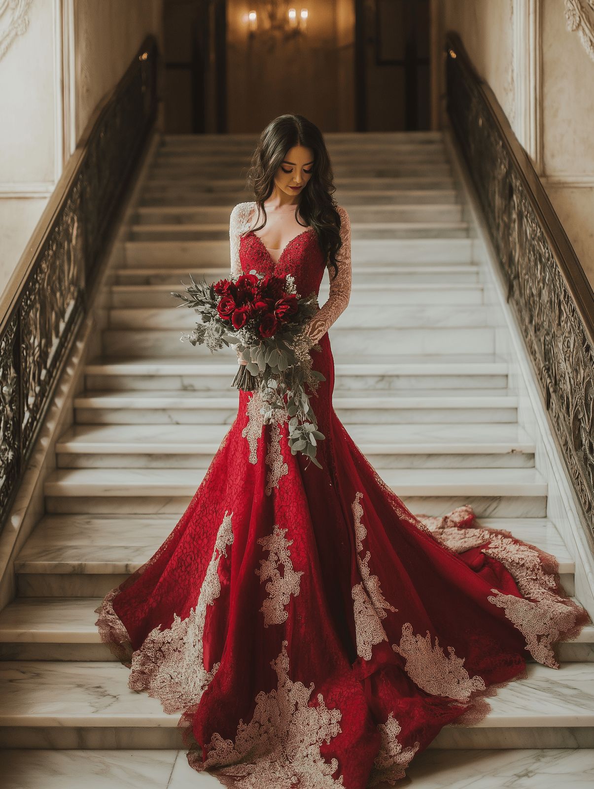 Vibrant Red Lace Gown with Gold Overlay and Train — Colored Wedding Dresses 2027