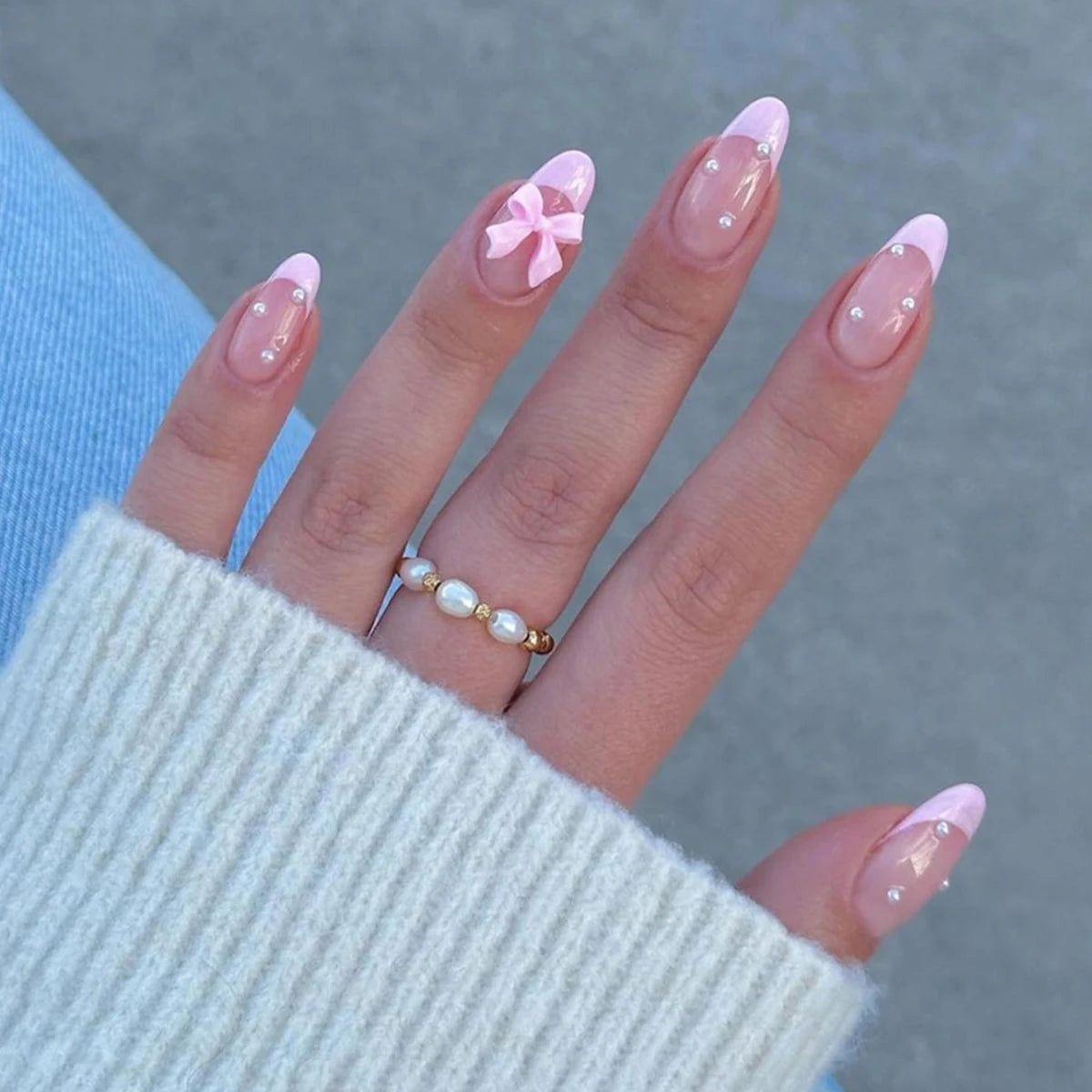 Medium Almond Pink French With 3D Pink Bows Medium Almond Pink French With 3D Pink Bows — Bow French Tip Nails 2027