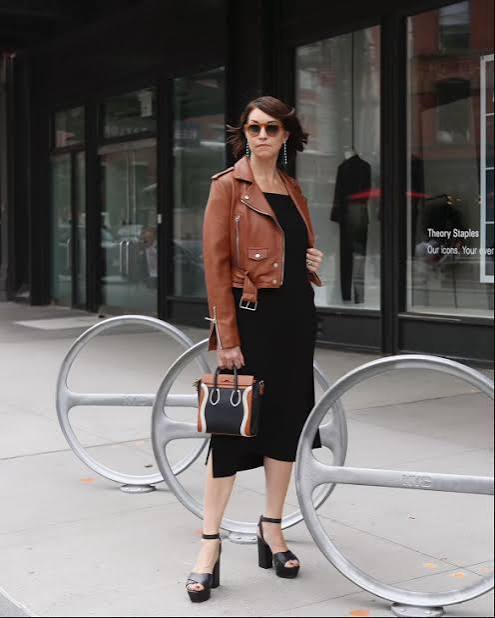 Sleek & Fitted: Tan Leather Jacket with Black Midi Dress Sleek & Fitted: Tan Leather Jacket with Black Midi Dress — Dress 2027 with Leather Jacket Outfit