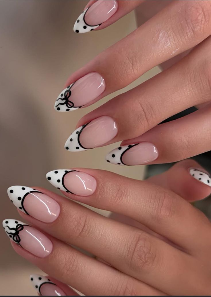 Glossy Nude French with Black Dots and Bows Glossy Nude French with Black Dots and Bows — Retail Nails 2027