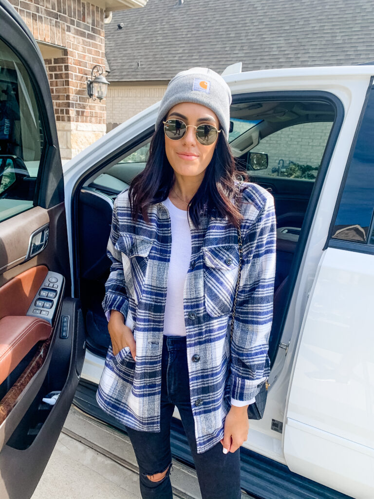 Classic Casual: Plaid Shacket with Beanie and Skinny Jeans — Shacket Outfits 2027