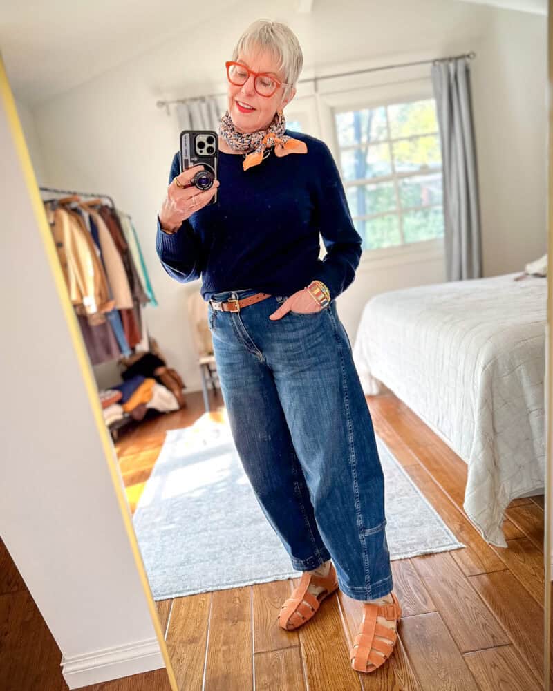 Navy Sweater and Wide-Leg Jeans with a Scarf Accent Navy Sweater and Wide-Leg Jeans with a Scarf Accent — Casual Outfits 2027