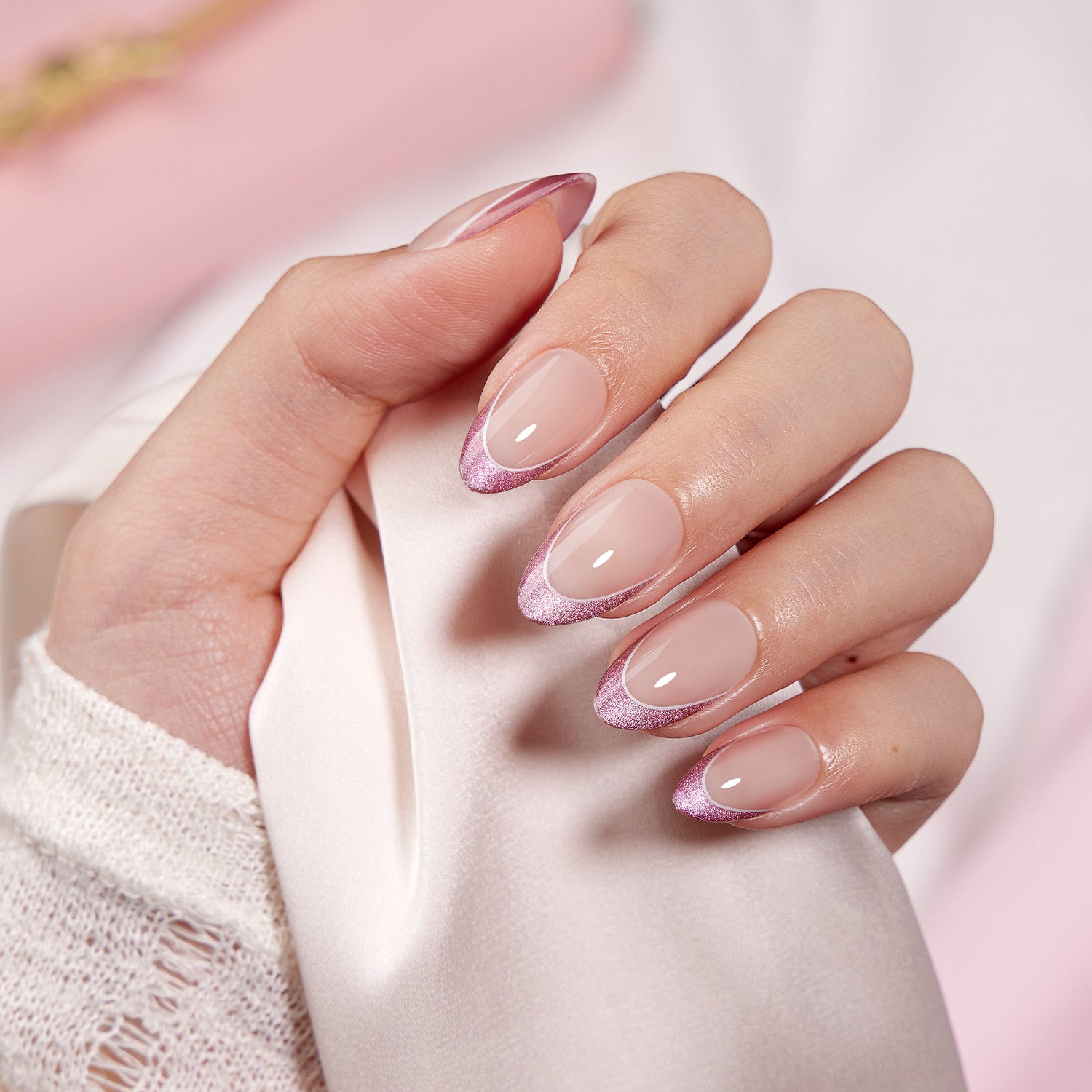 Nude French Tips with Pink Glitter Accent Nude French Tips with Pink Glitter Accent — Classy Wedding Nails 2027