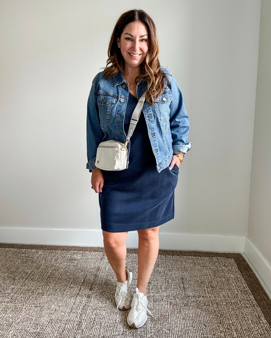 Effortless Errands: Navy Dress with Denim Jacket Effortless Errands: Navy Dress with Denim Jacket — Mom Outfits 2027