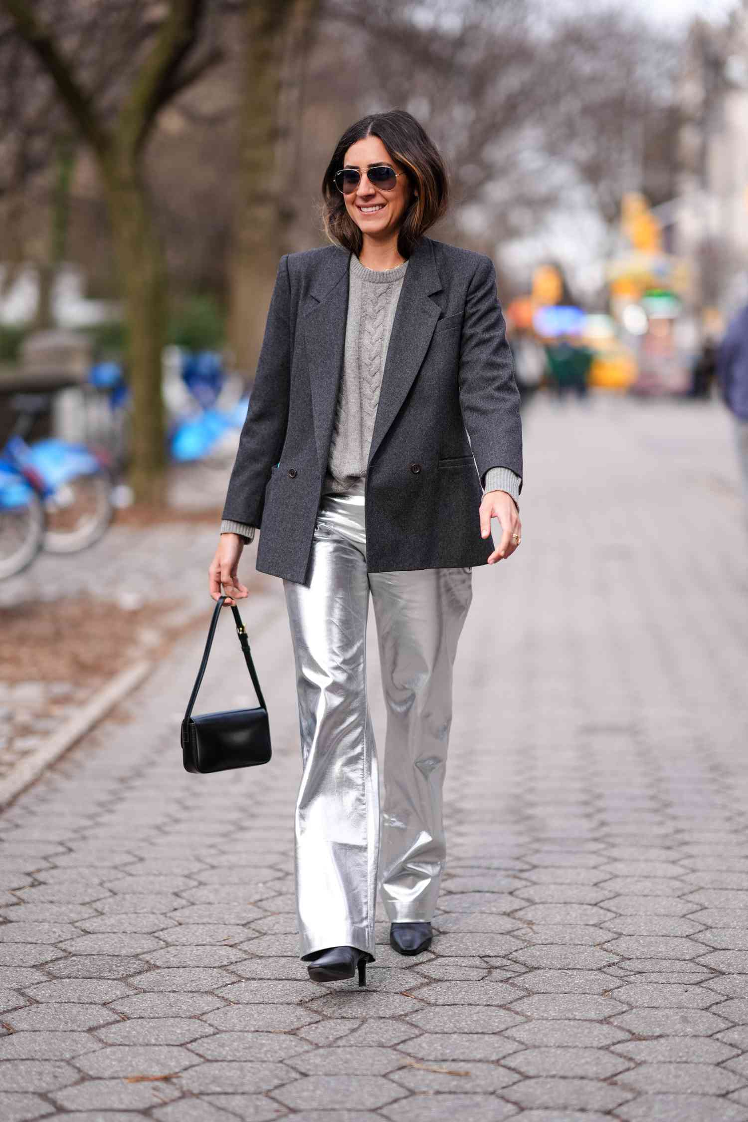 Metallic Trousers with Layered Knitwear — Silver Outfits 2027