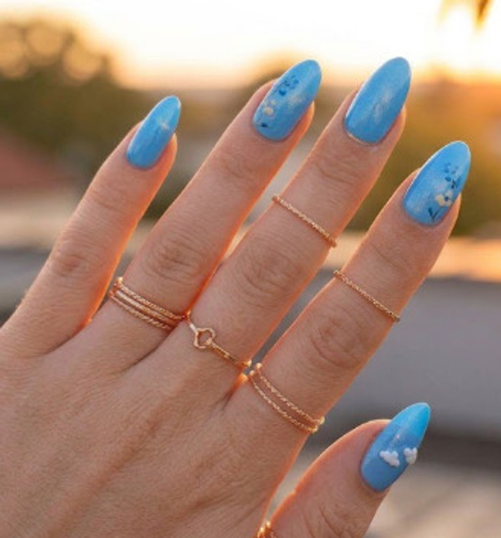Sky Blue Cloud and Floral Almonds — Almond Nails 2027
