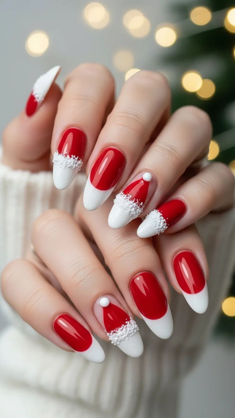 Medium Almond Santa Hat Trim Nails Medium Almond Santa Hat Trim Nails — Santa Nails 2026