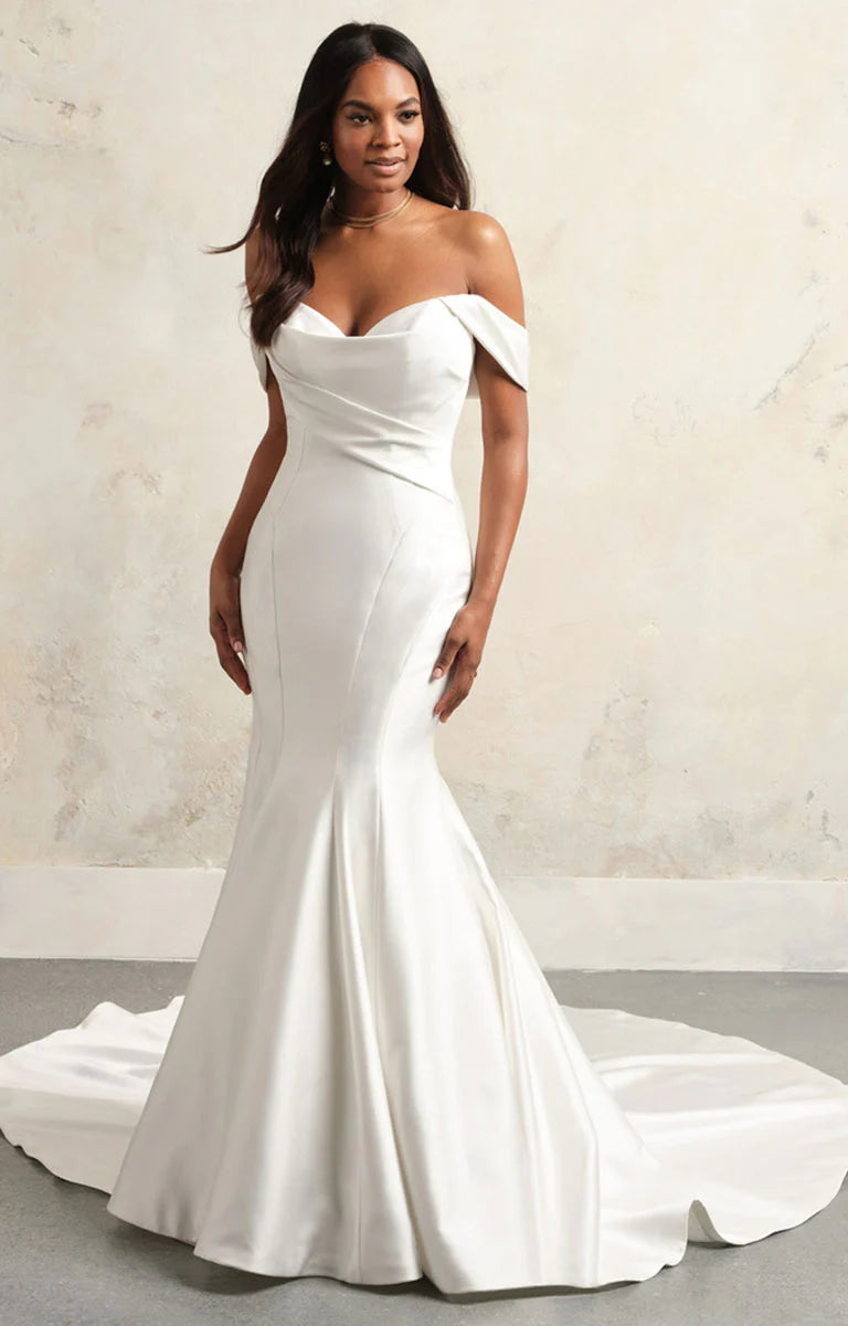 Sophisticated Mermaid: Draped Off-the-Shoulder Neckline — Wedding Dress Trends 2027