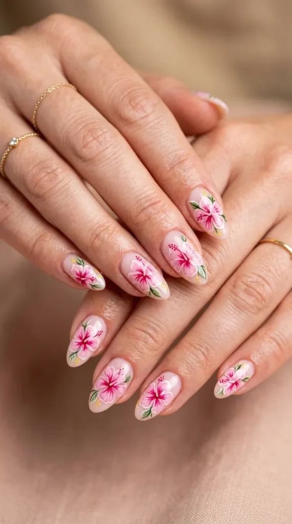 Summer Tropical Pink Hibiscus Yellow Tip Medium Almond Summer Tropical Pink Hibiscus Yellow Tip Medium Almond — Hibiscus Flower Nails 2027