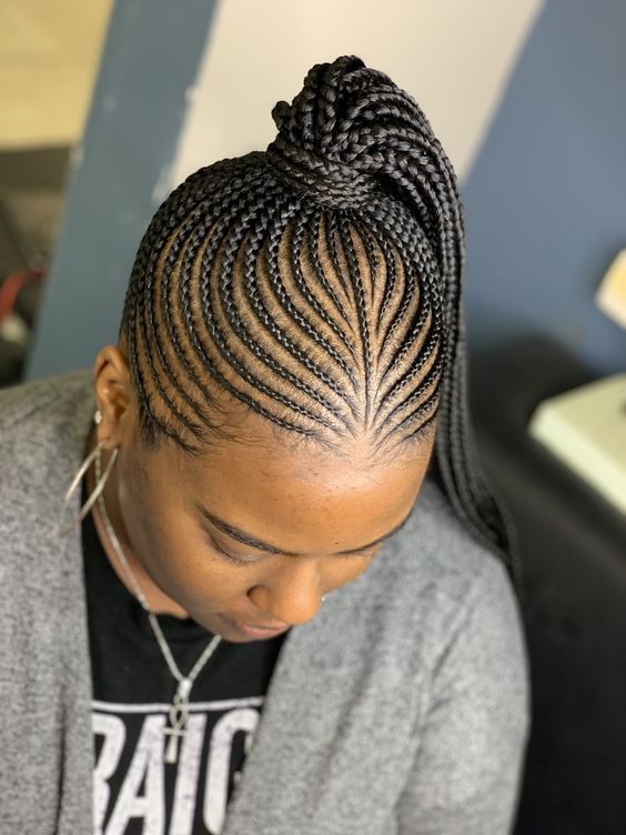 Mid-Back High Ponytail With Geometric Cornrows Mid-Back High Ponytail With Geometric Cornrows — Braided Ponytail 2027