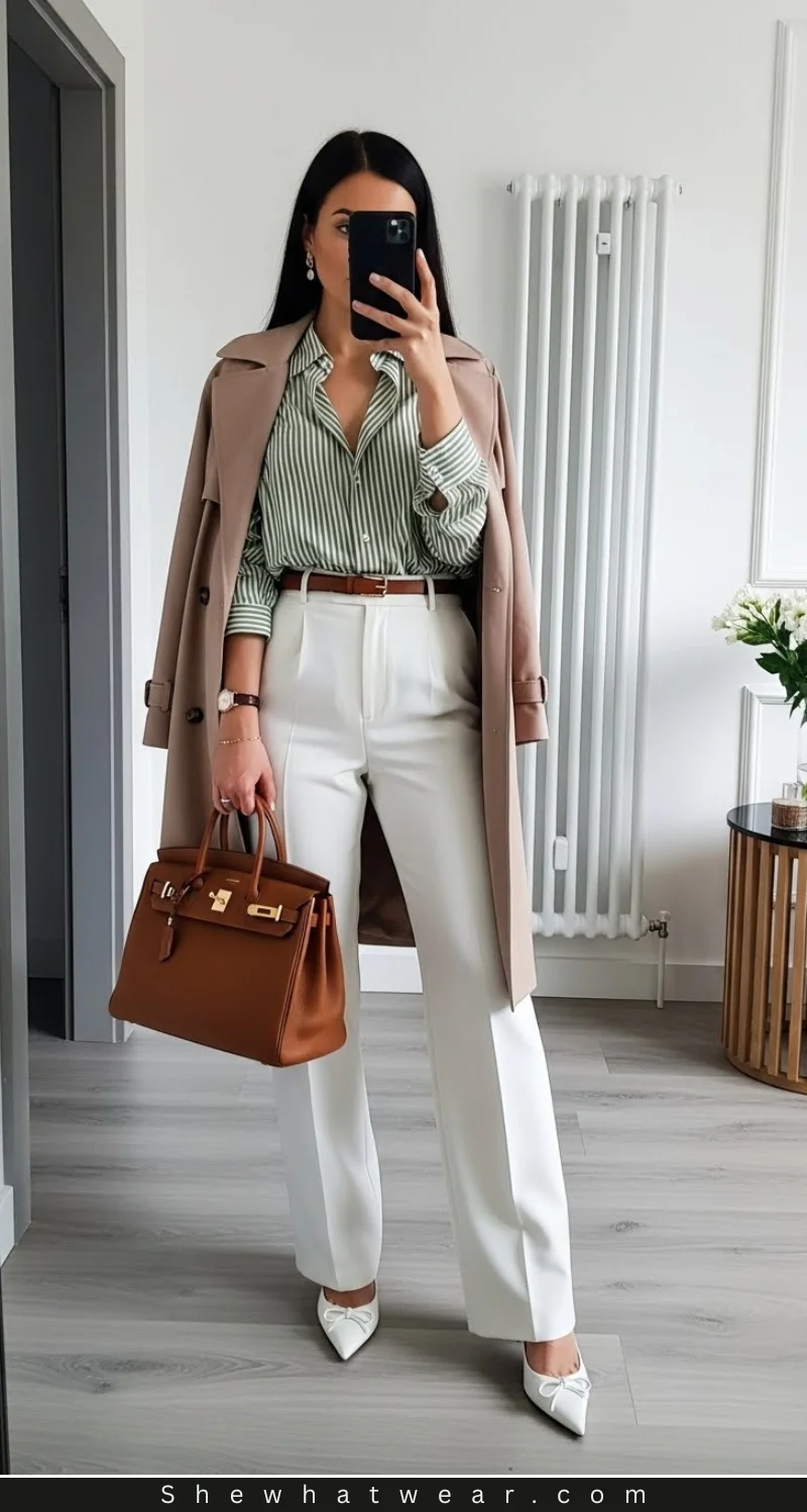 Striped Shirt and Trench Coat for a Polished Spring Work Look — Spring Outfits 2027 for Work