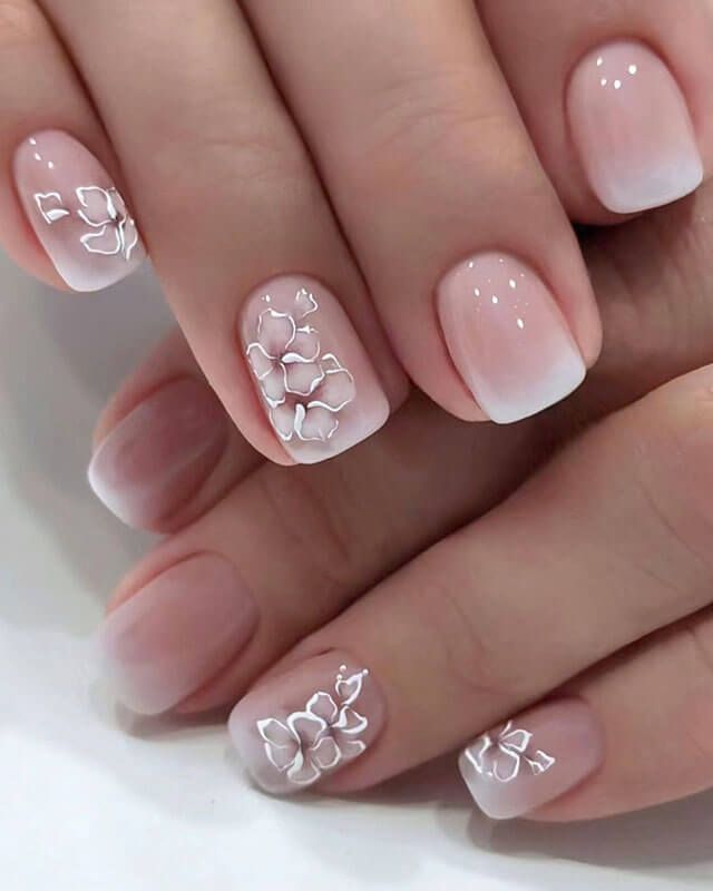 White Floral Art On Accent Nails Visual Idea — Floral Wedding Nails 2027