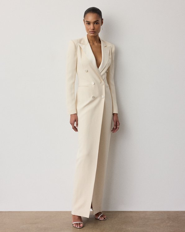 Floor-Length Cream Blazer Dress for Dramatic Evening Impact — Tall Women Outfits 2027