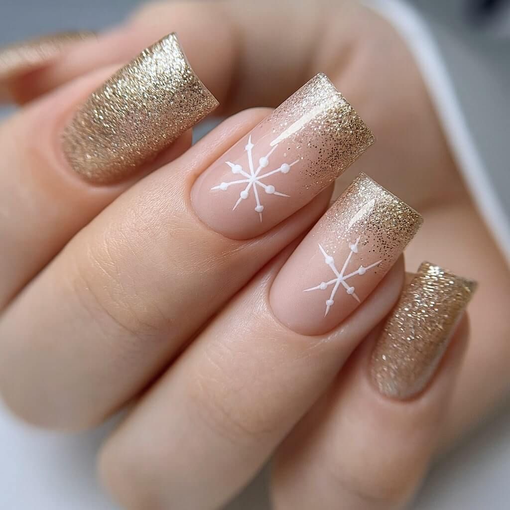 Gold Glitter Snowflake Square Nails Gold Glitter Snowflake Square Nails — Winter Wonderland Nails 2027