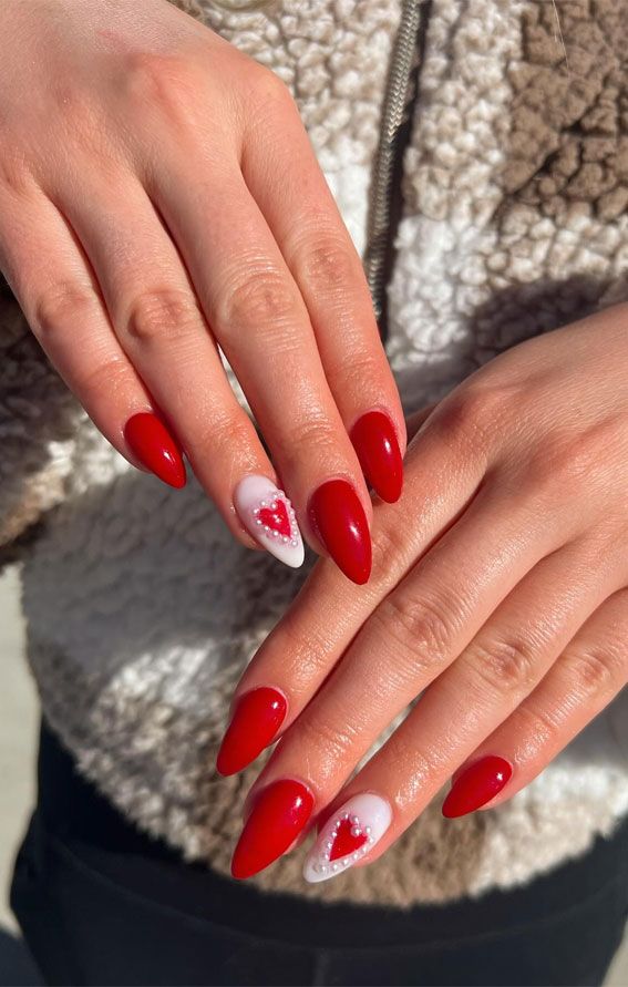 Vibrant Red Glossy With Pearl Heart Vibrant Red Glossy With Pearl Heart — Love Nails 2027