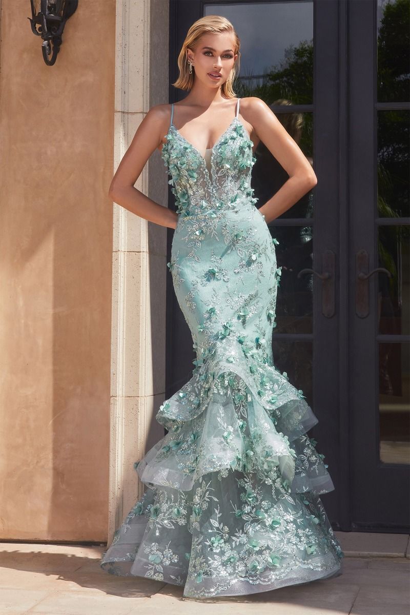 Mint Green Mermaid Dress with Tiered Ruffles and Floral Appliques Mint Green Mermaid Dress with Tiered Ruffles and Floral Appliques — Mermaid Dresses 2027