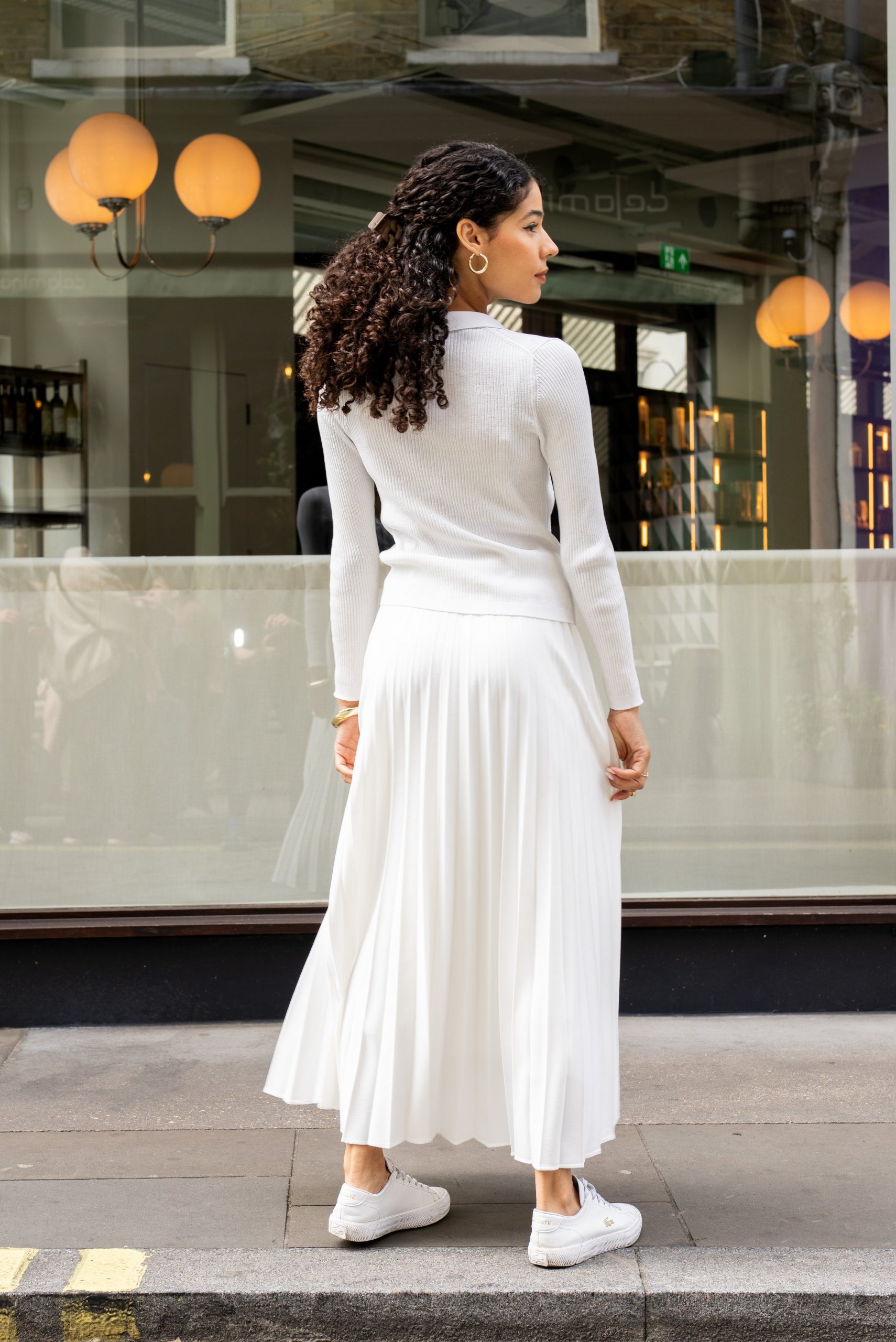 Monochromatic White: Ribbed Knit Sweater and Pleated Midi — Sweater and Skirt Outfits 2027