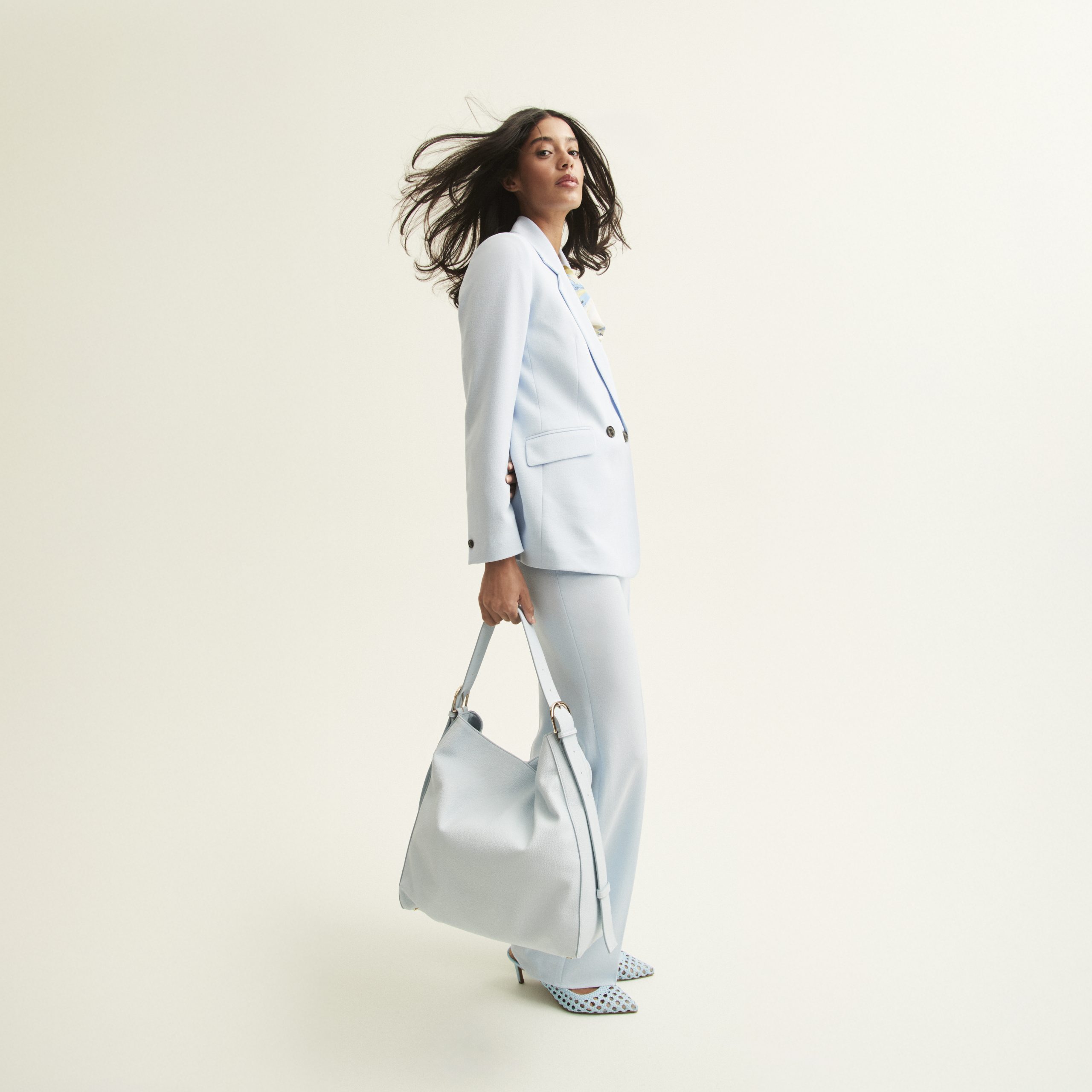 Monochromatic Light Blue Suit with Woven Detail Flats — Office Outfits for Women 2027
