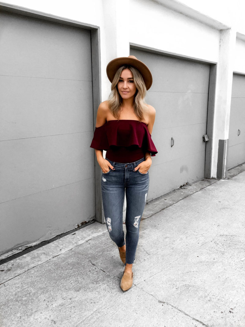 Burgundy Off-Shoulder Ruffled Top with Grey Ripped Jeans — Off the Shoulder Top Outfits 2027