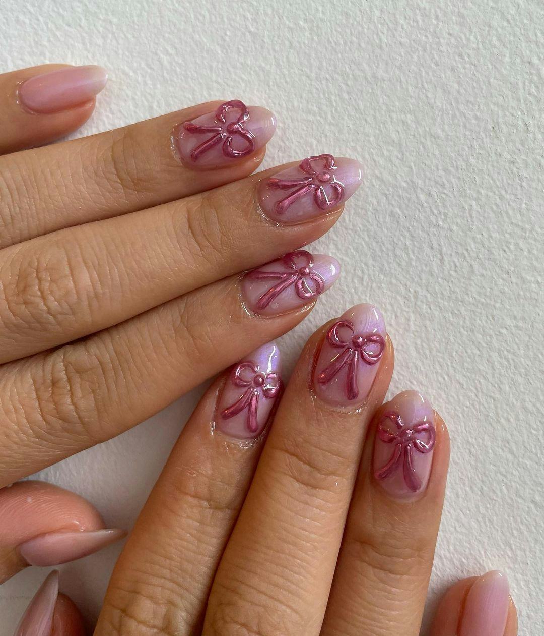 Medium Oval Pale Pink with Jelly Bows — Pink Bow Nails 2027