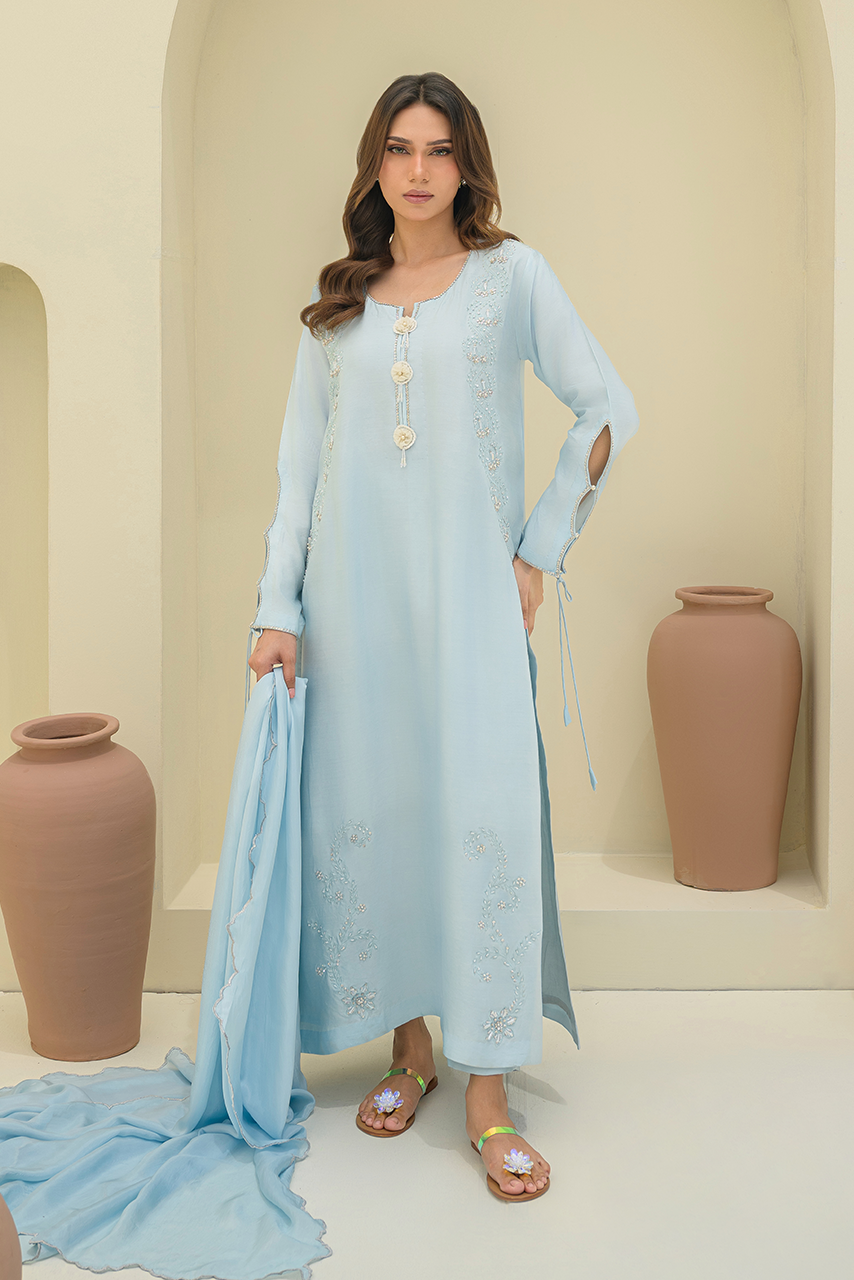 Powder Blue Silk Tunic with Silver Embellishments for Casual Chic Powder Blue Silk Tunic with Silver Embellishments for Casual Chic — Powder Blue Outfits 2027