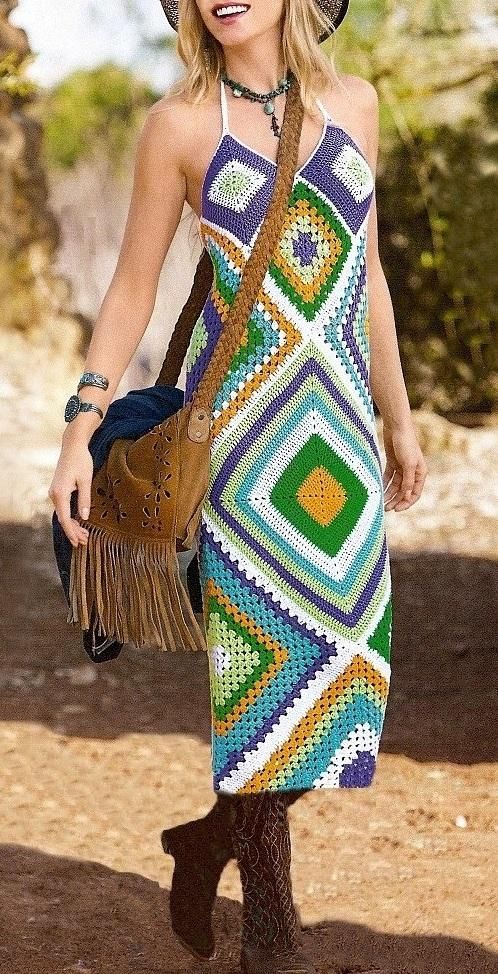 Multicolor Crochet Halter Dress with Cowboy Boots Multicolor Crochet Halter Dress with Cowboy Boots — Boho Crochet Outfits 2027