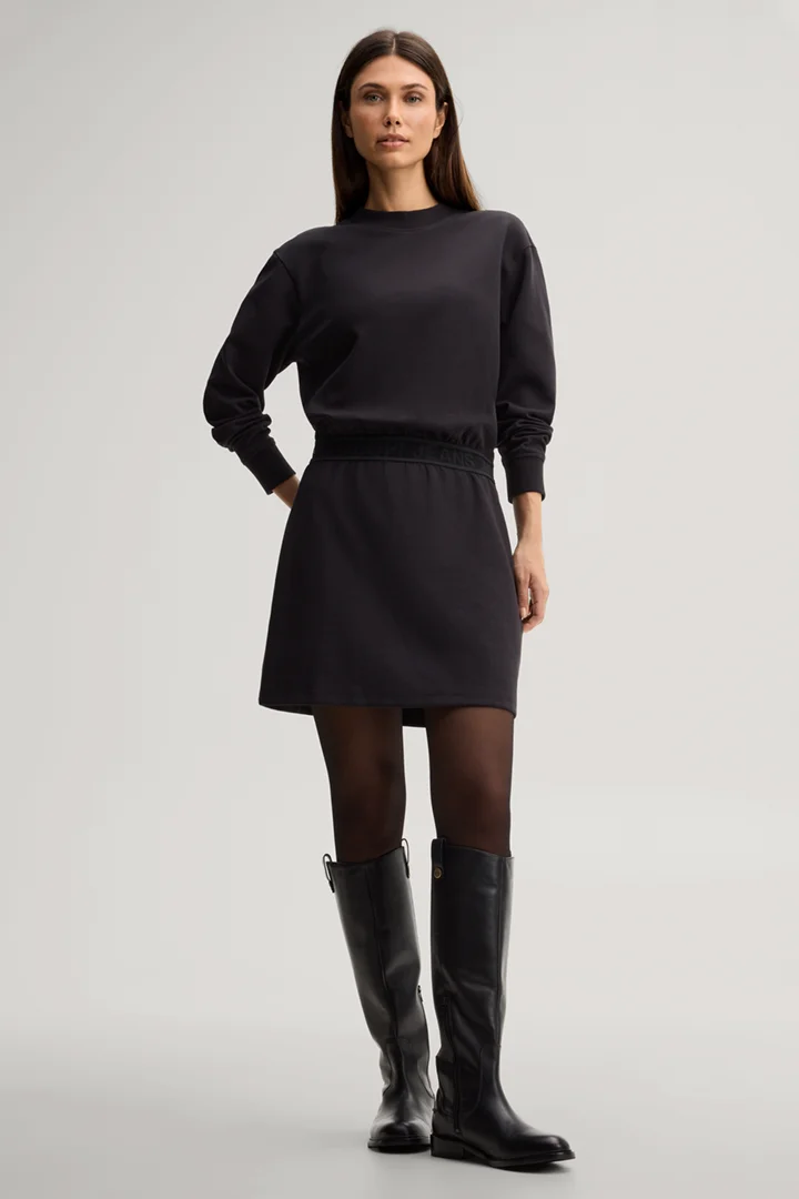 Black A-Line Sweatshirt Dress with Cinched Waist — Sweatshirt Dress 2027