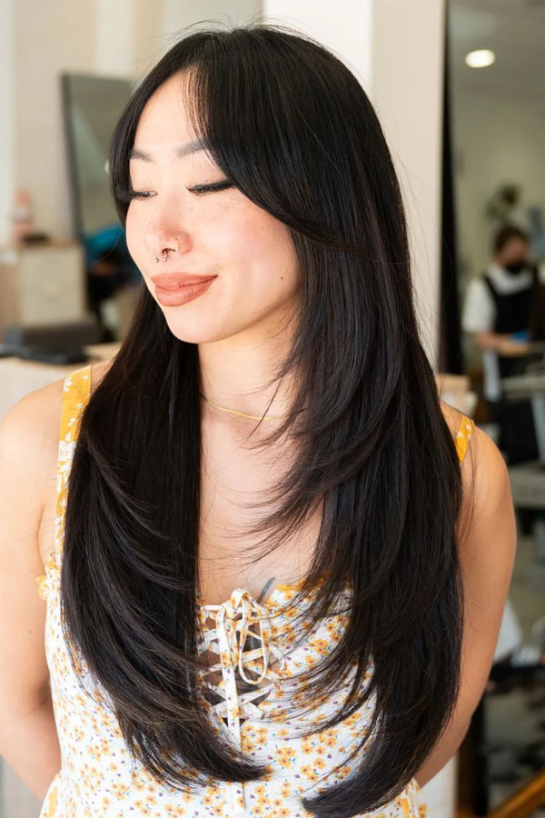 Collarbone Cut With Straight Curtain Bangs Collarbone Cut With Straight Curtain Bangs — Black Bangs 2027