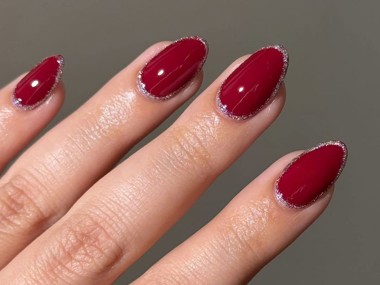 Dark Red Glitter Line French Medium Oval Nails Dark Red Glitter Line French Medium Oval Nails — Dark Red Nails 2027