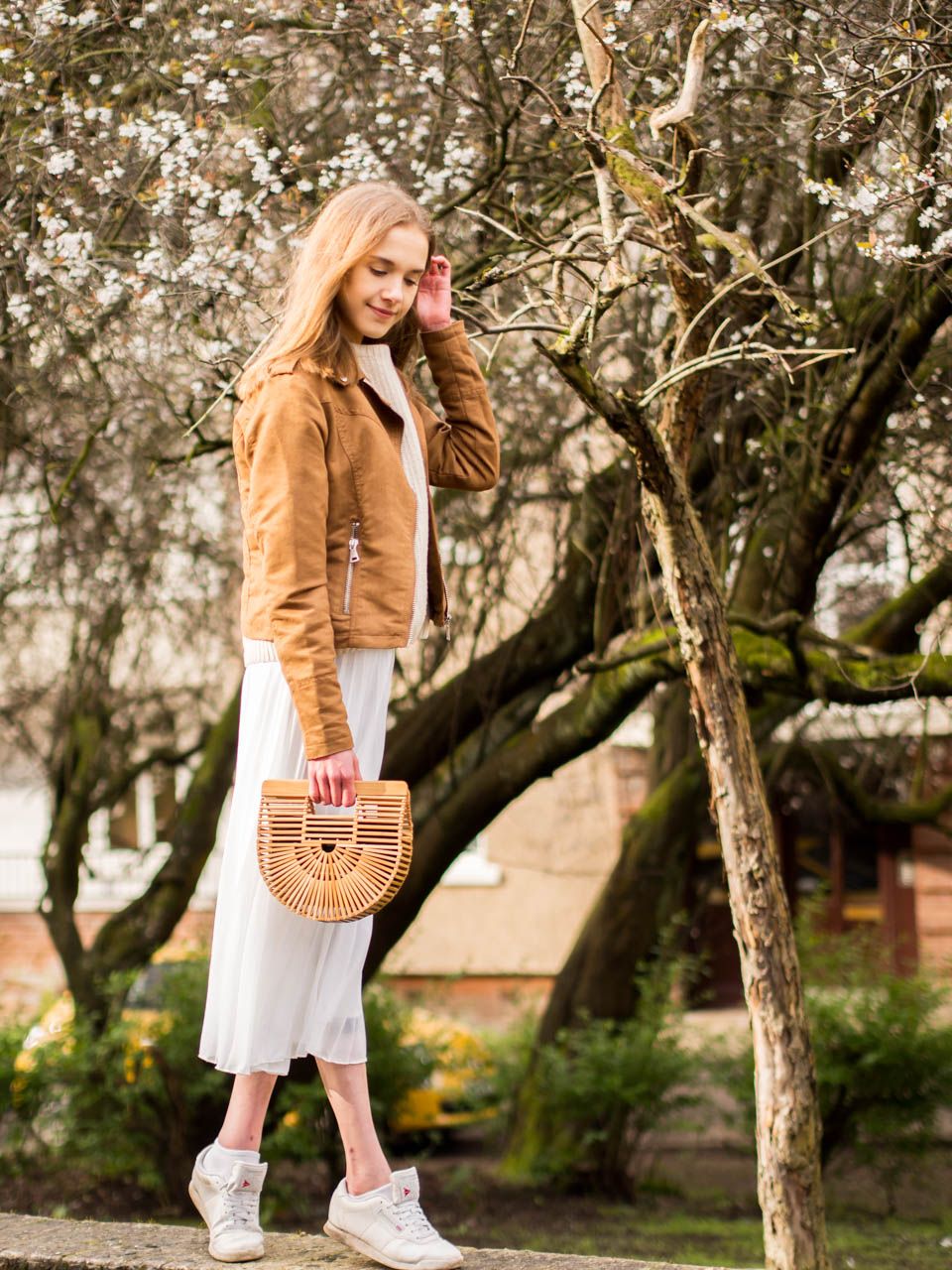 Tan Suede Jacket with White Midi Dress — Beige Spring Outfits 2027