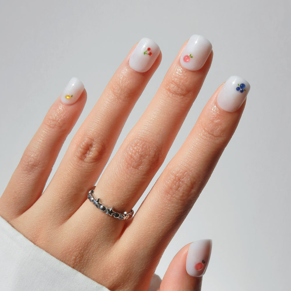 Milky White Fruit and Gem Motif Oval Nails Milky White Fruit and Gem Motif Oval Nails — Short Press On Nails 2027