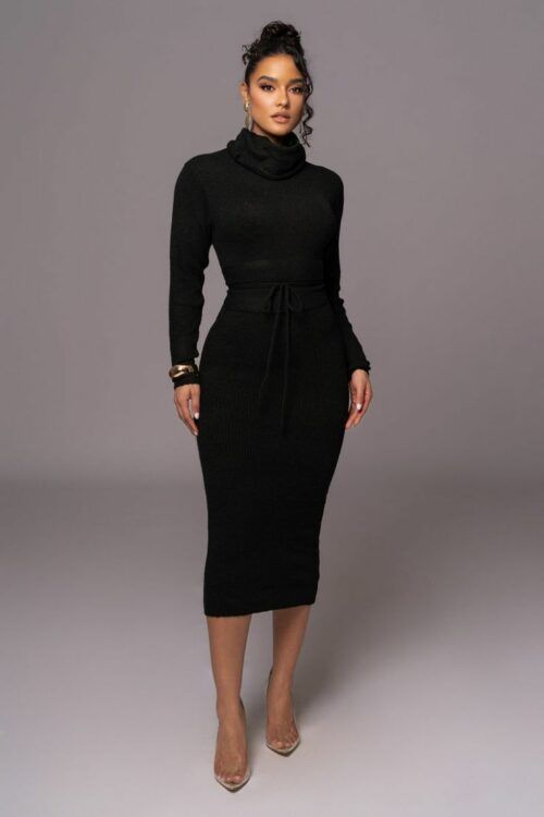 Black Turtleneck Dress with Tie-Waist Detail — Turtleneck Outfits 2027