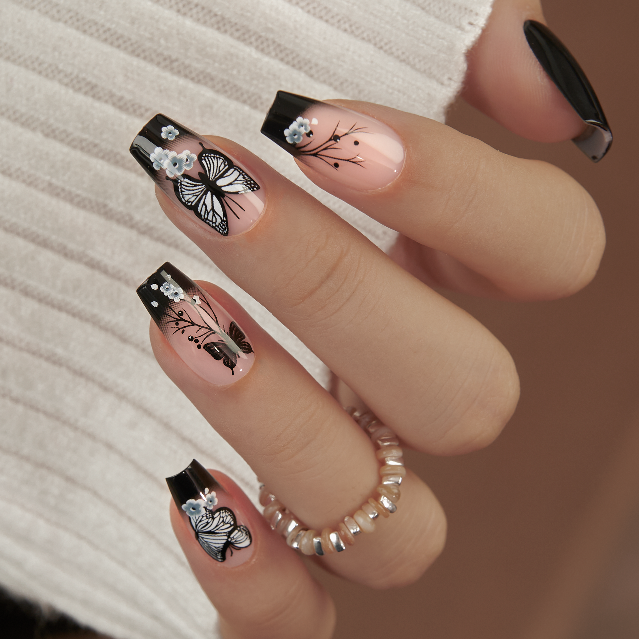 Black French Butterfly Line Art Nails Black French Butterfly Line Art Nails — Long Butterfly Coffin Nails 2027
