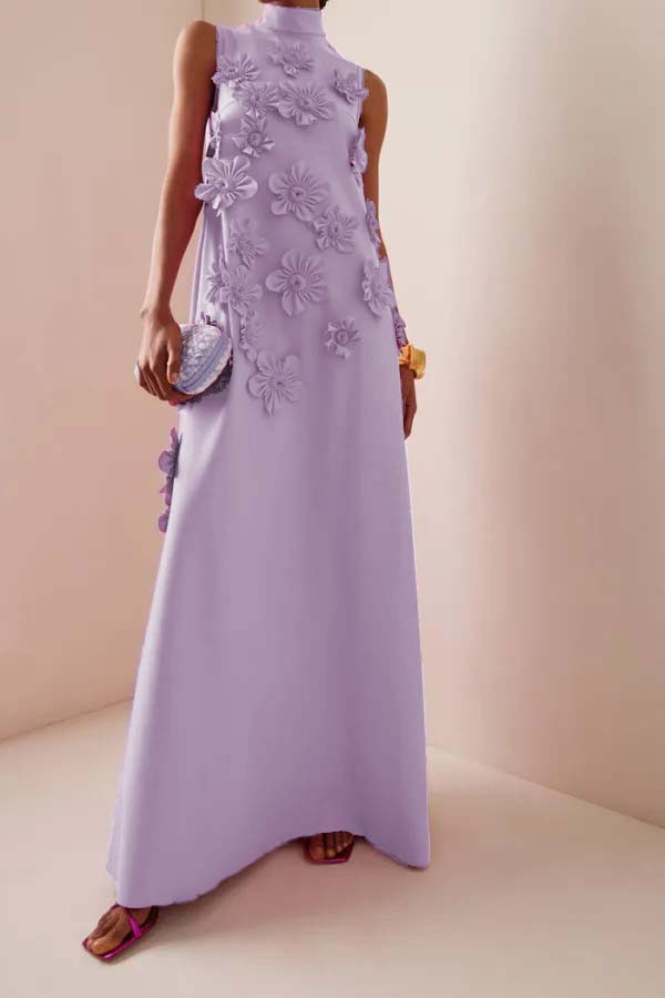 Lavender High-Neck Maxi Dress Covered in 3D Florals — 3D Floral Outfits 2027