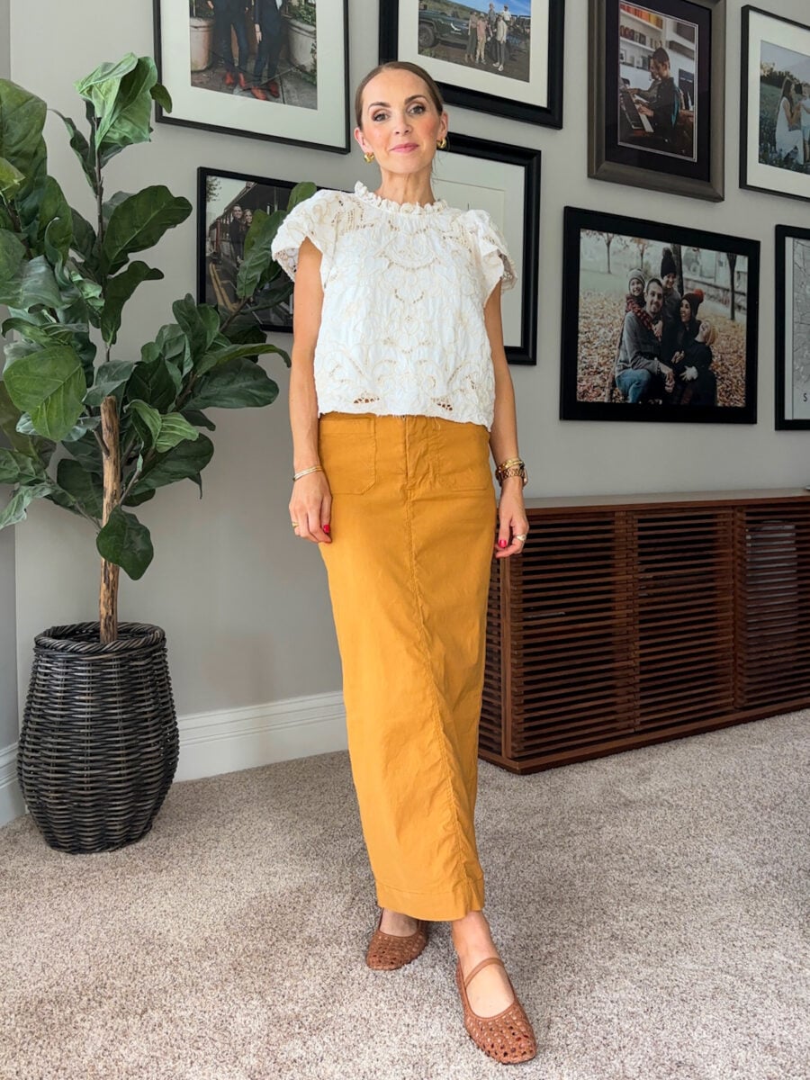 Mustard Yellow Corduroy Maxi Skirt with Lace Top — Mustard Outfits 2027