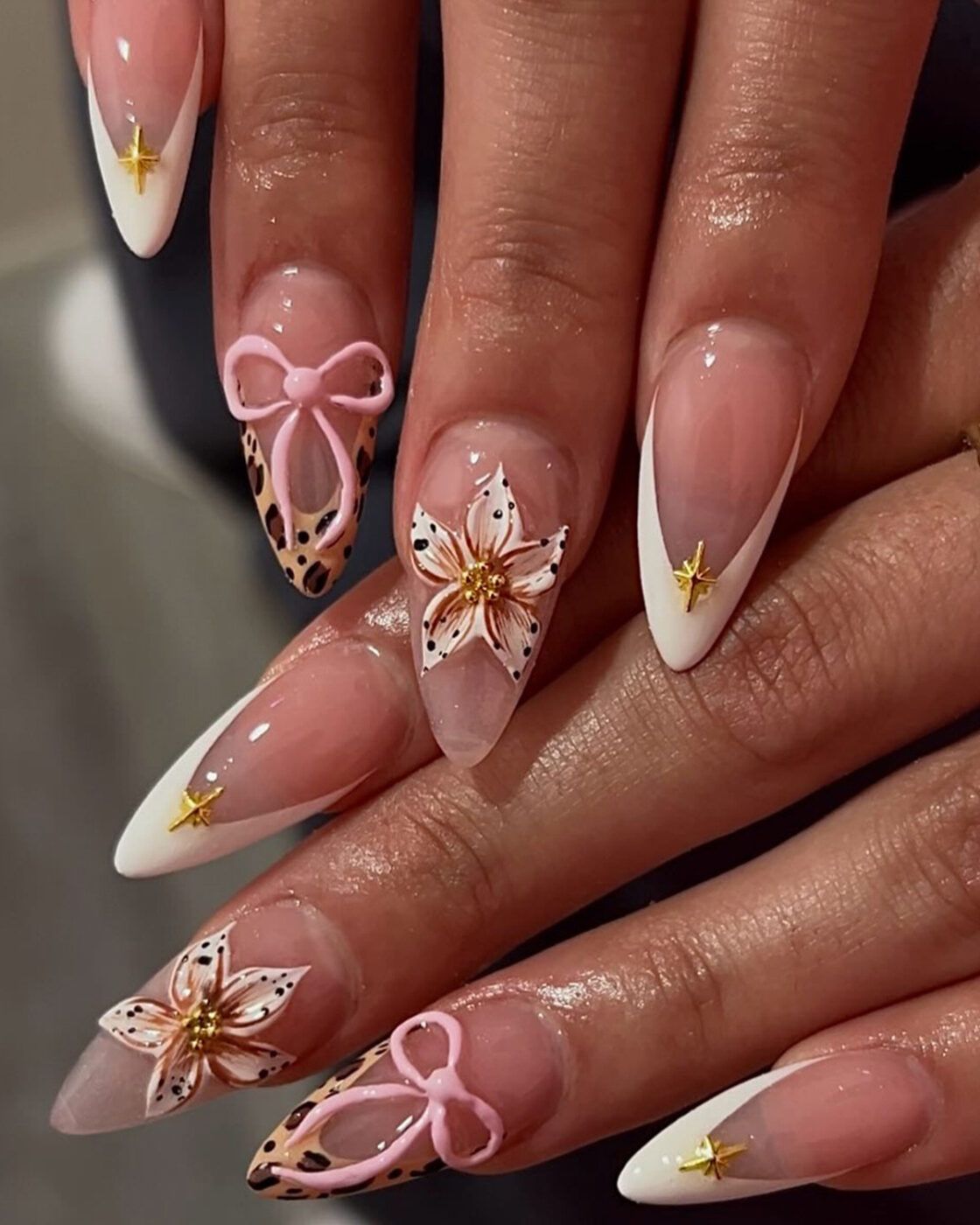 Sheer Pink Almond with 3D Bows and Flowers Sheer Pink Almond with 3D Bows and Flowers — Long Bow Nails 2027