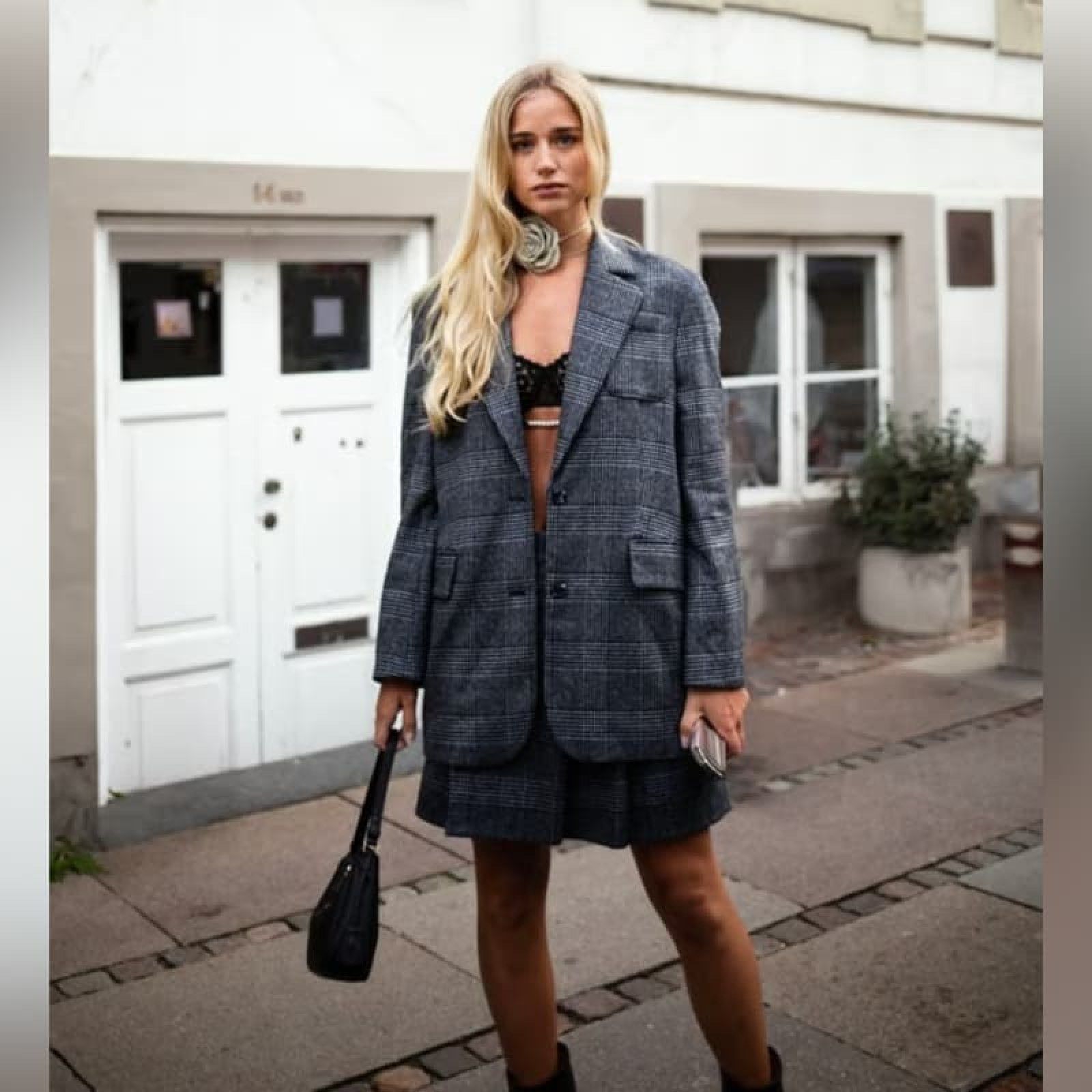 Oversized Plaid Blazer with Bralette and Pleated Skirt for Edgy Casual — Minimal Scandinavian Outfits 2027