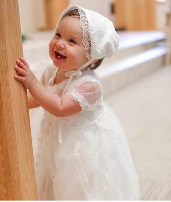 Lace Christening Gown with Short Sleeves and Bonnet — Christening Outfits 2027
