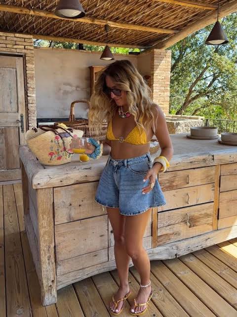 Yellow Bikini Top and Denim Shorts for Beach Resort — Cancun Outfits 2027