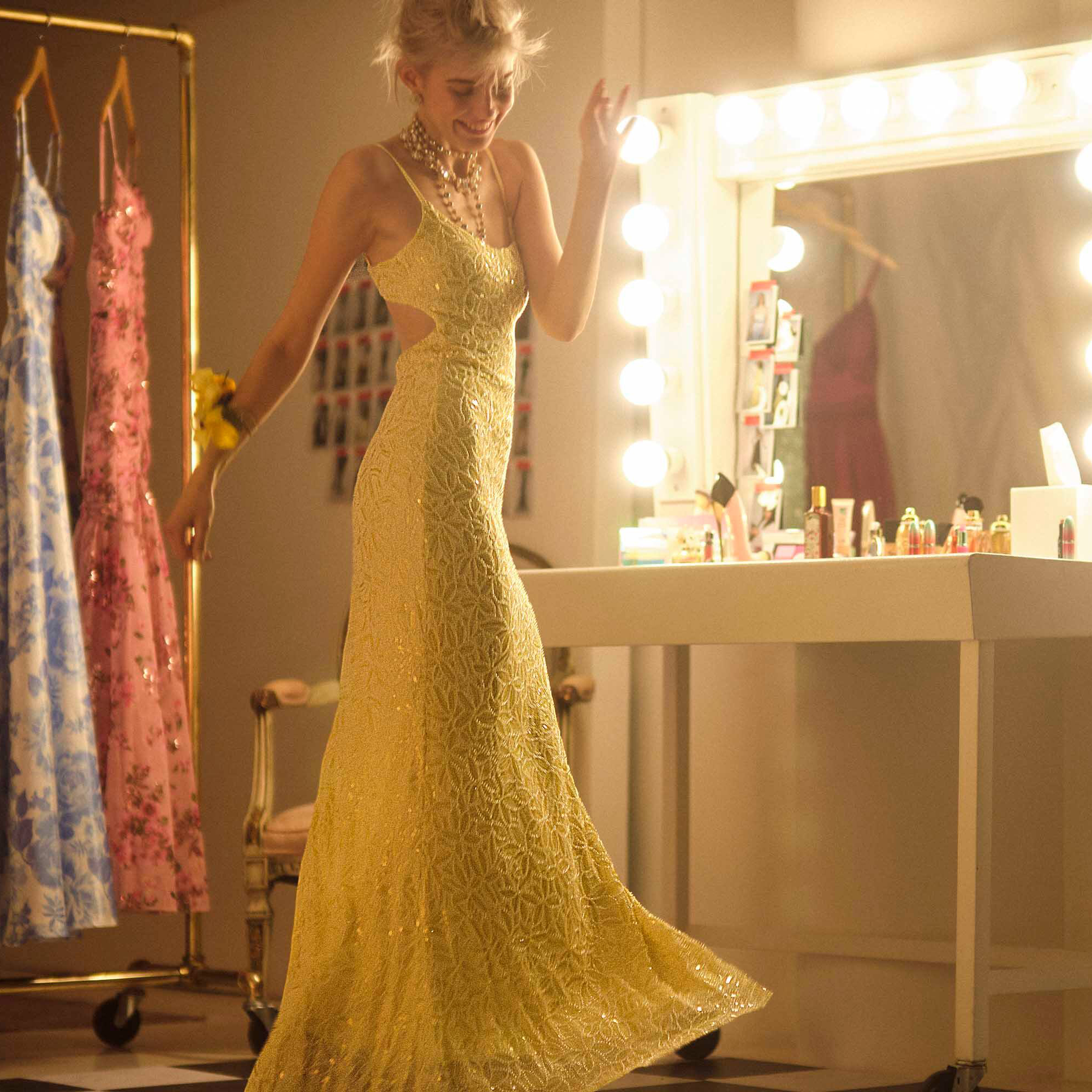 Pale Yellow Lace Gown with Modern Cutouts Pale Yellow Lace Gown with Modern Cutouts — Prom Outfits 2027