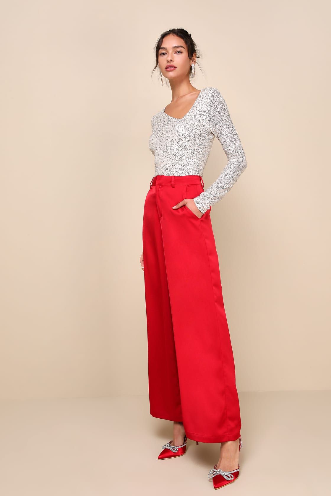 Silver Sequin Top with Red Trousers for a Striking NYE Look Silver Sequin Top with Red Trousers for a Striking NYE Look — Sequin New Years Eve Outfits 2027