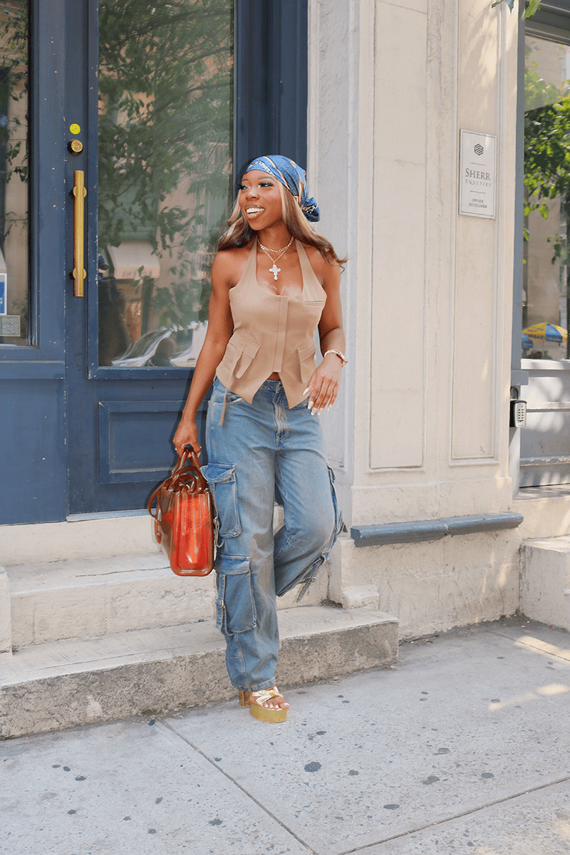 Tan Halter Vest and Baggy Cargo Jeans with Headscarf Tan Halter Vest and Baggy Cargo Jeans with Headscarf — Zara Outfits 2027