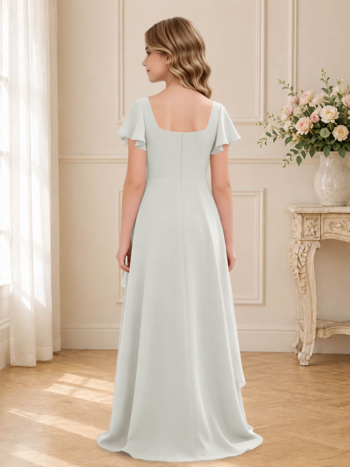 Ivory Chiffon with Flutter Sleeves and High-Low Hem Ivory Chiffon with Flutter Sleeves and High-Low Hem — Junior Bridesmaid Dress 2027