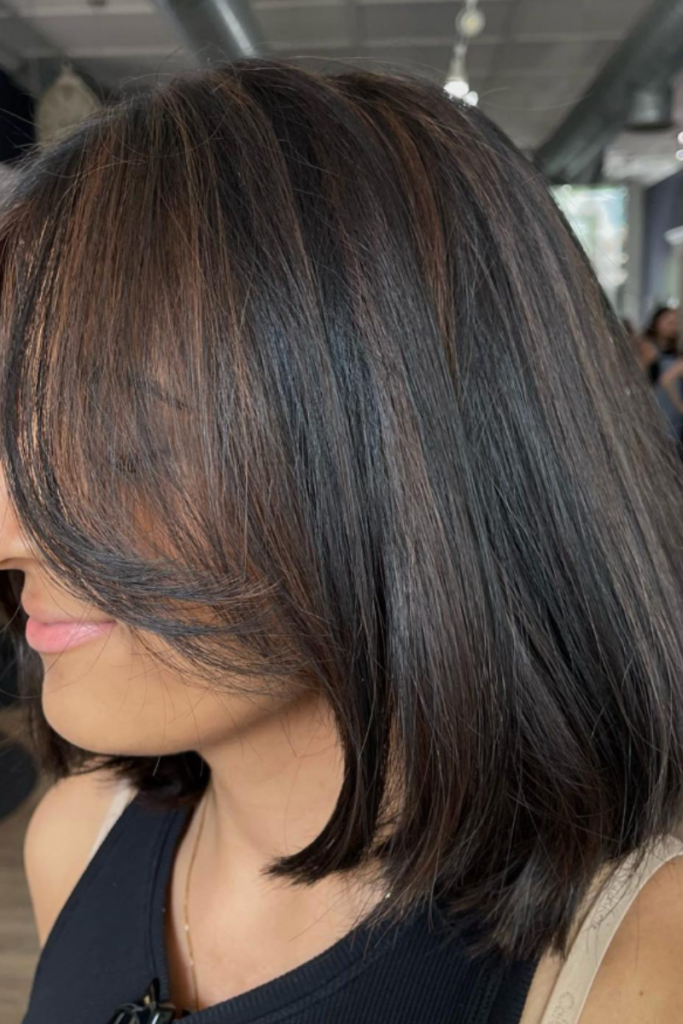 Collarbone Lob With Caramel Highlights & Bangs Collarbone Lob With Caramel Highlights & Bangs — Dark Brown Hair 2027