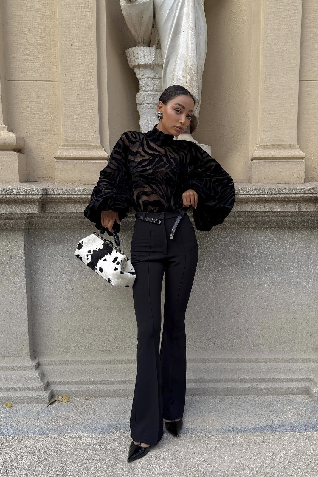 Black Devoré Effect Chiffon Blouse with Flared Trousers Black Devoré Effect Chiffon Blouse with Flared Trousers — Chiffon Blouse Outfits 2027