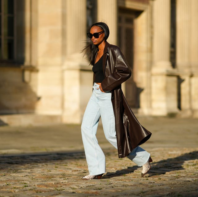 Statement Leather Duster Coat Over Light Blue Wide Leg Jeans — Wide Leg Jeans 2027