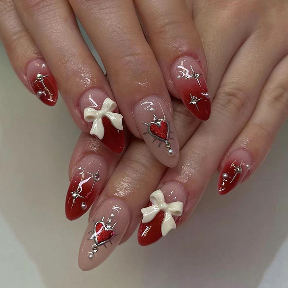 Red Gradient With 3D White Bows Red Gradient With 3D White Bows — Red Valentines Nails 2027