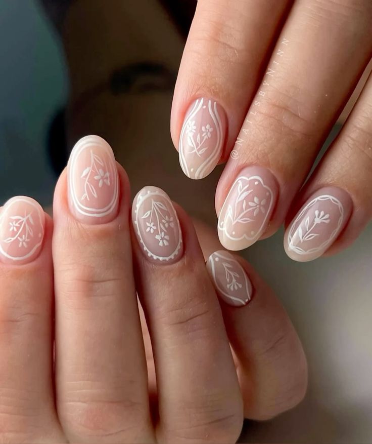 Medium Oval Floral Line Art Nails — White Wedding Nails 2027