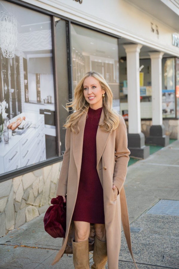 Chic Winter Ensemble: Camel Coat with Burgundy Dress — Camel Coat Outfits 2027